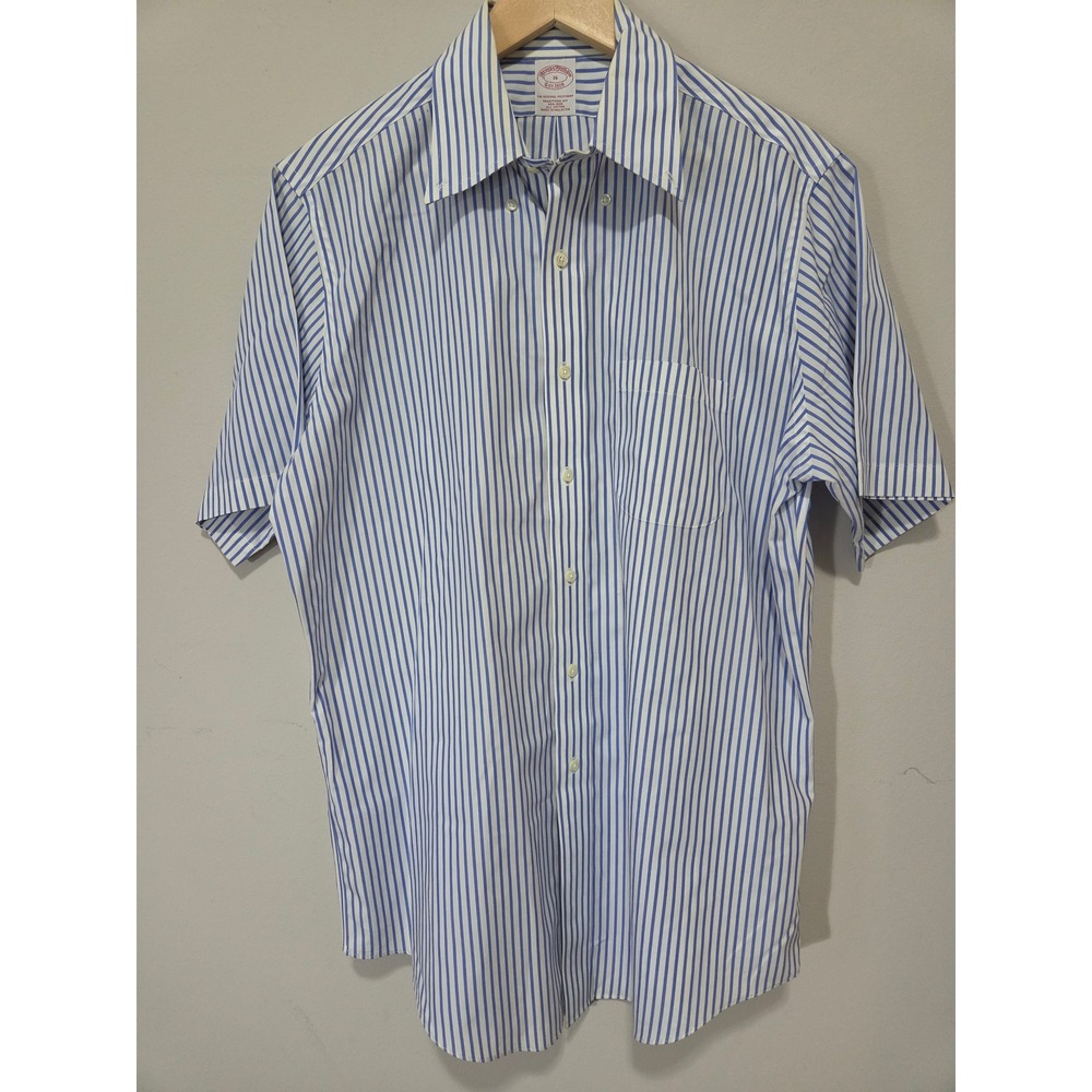 Brooks Brothers Mens 16 Blue White Striped Non-Iron Cotton Short Sleeve Shirt